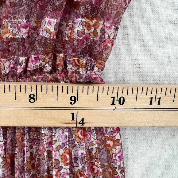 Vintage 80s Dress Womens Small Pink Sheer Striped 3/4 Sleeve Midi Tiny Floral - Picture 9 of 16